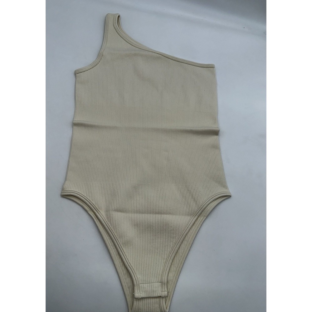 OQQ Ribbed One Sleeve Bodysuit Beige Size S